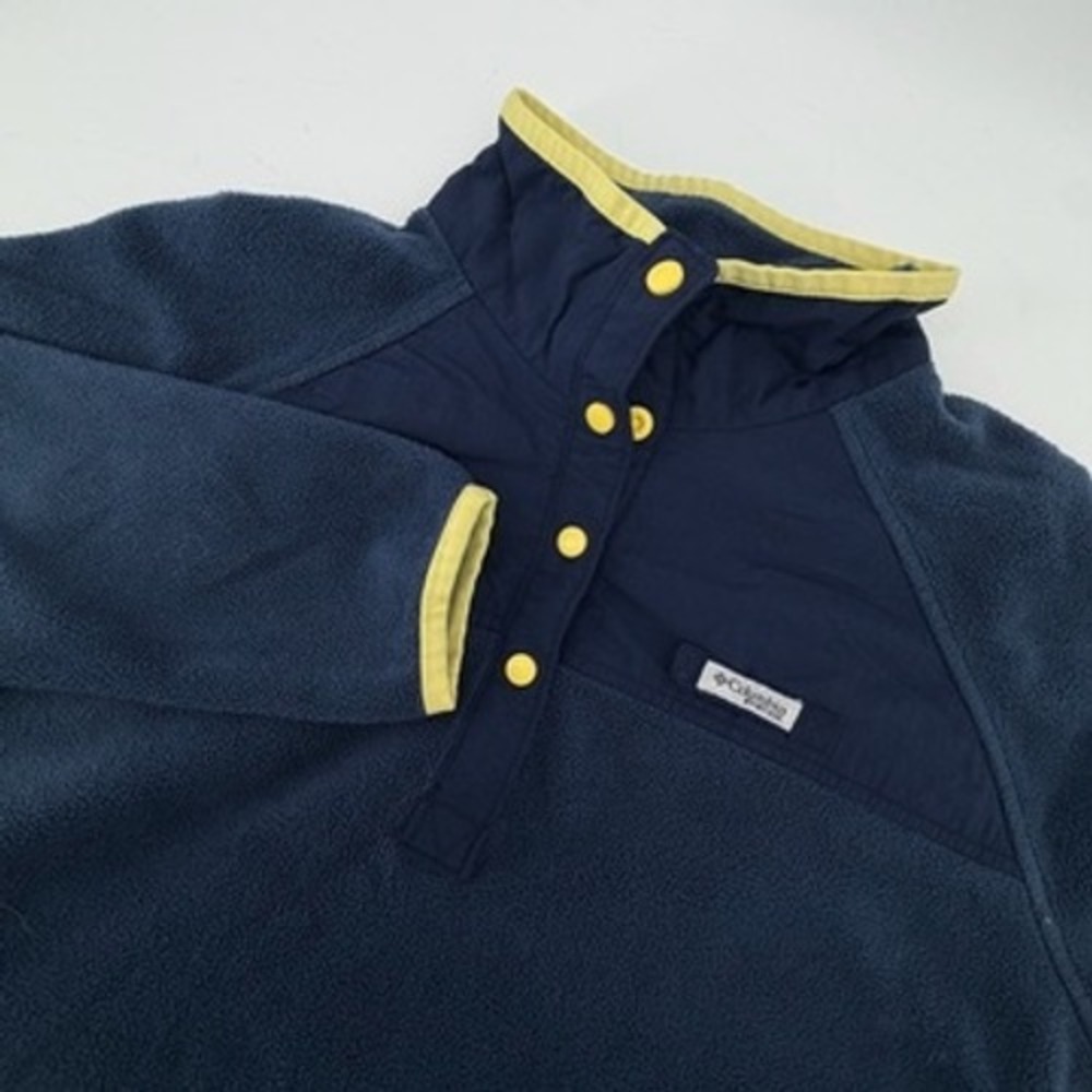 Columbia Womens XL Navy Blue Yellow Snap Fleece Pullover PFG Jacket Mock Neck